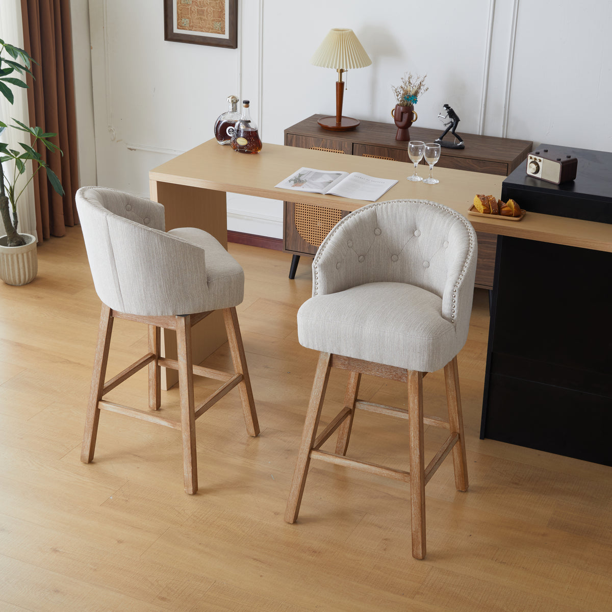 Set of 2 Upholstered Wood Swivel Counter Stools – Natural Beige