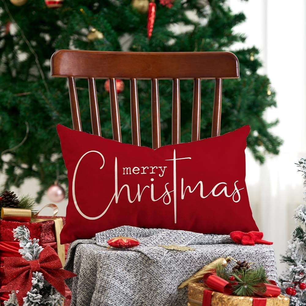 Merry Christmas Lumbar Pillow Cover – Red, 12″ × 20″