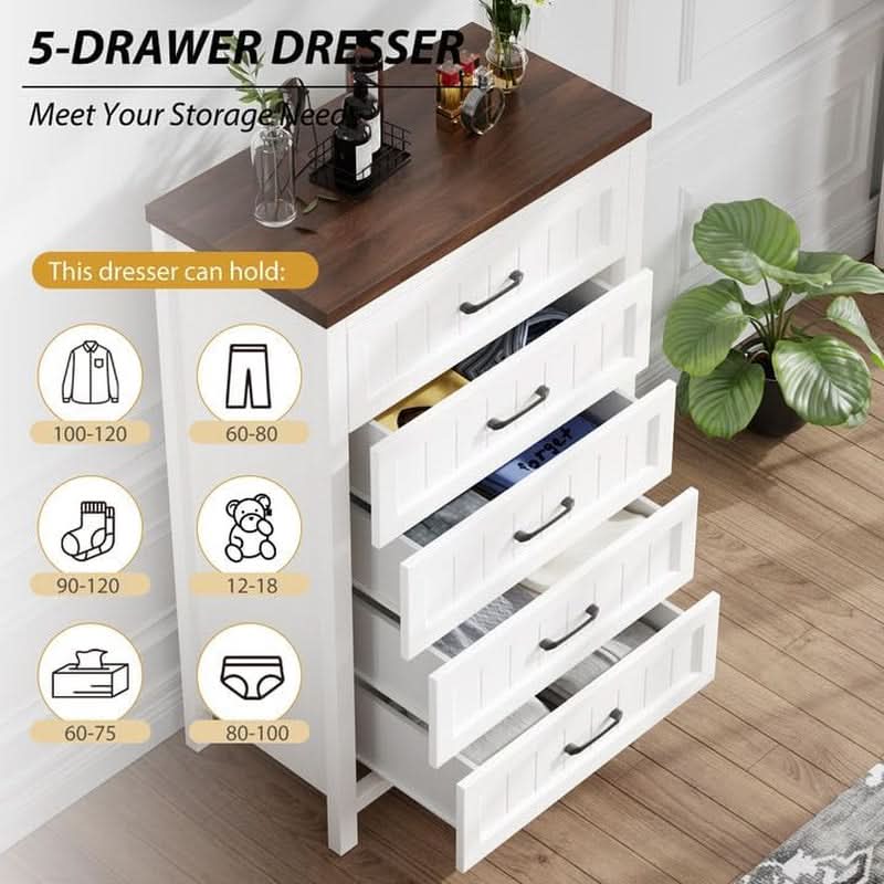Five Drawer Dresser 44.9 Inch Tall PowderCoatWhite-2