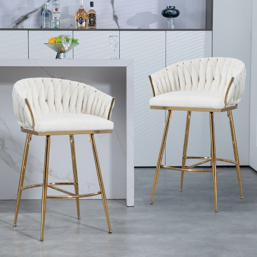Velvet Wave-Back Counter Stool with Gold Base – Beige