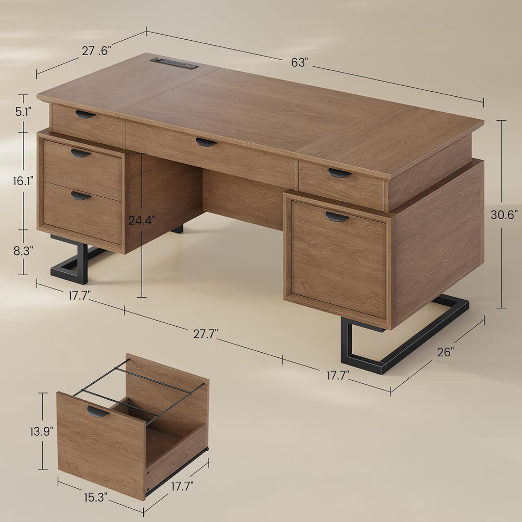 63 Inch Executive Desk With Integrated Charging Station-1