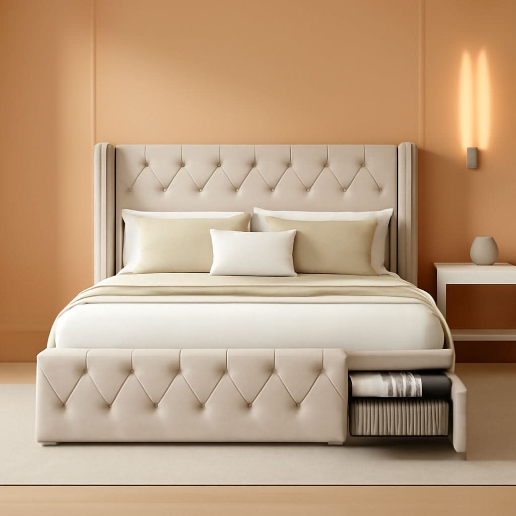 King Size Beige Upholstered Platform Bedframe Drawers-0
