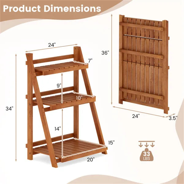 Foldable Acacia Wood 3-Tier Ladder Plant Stand