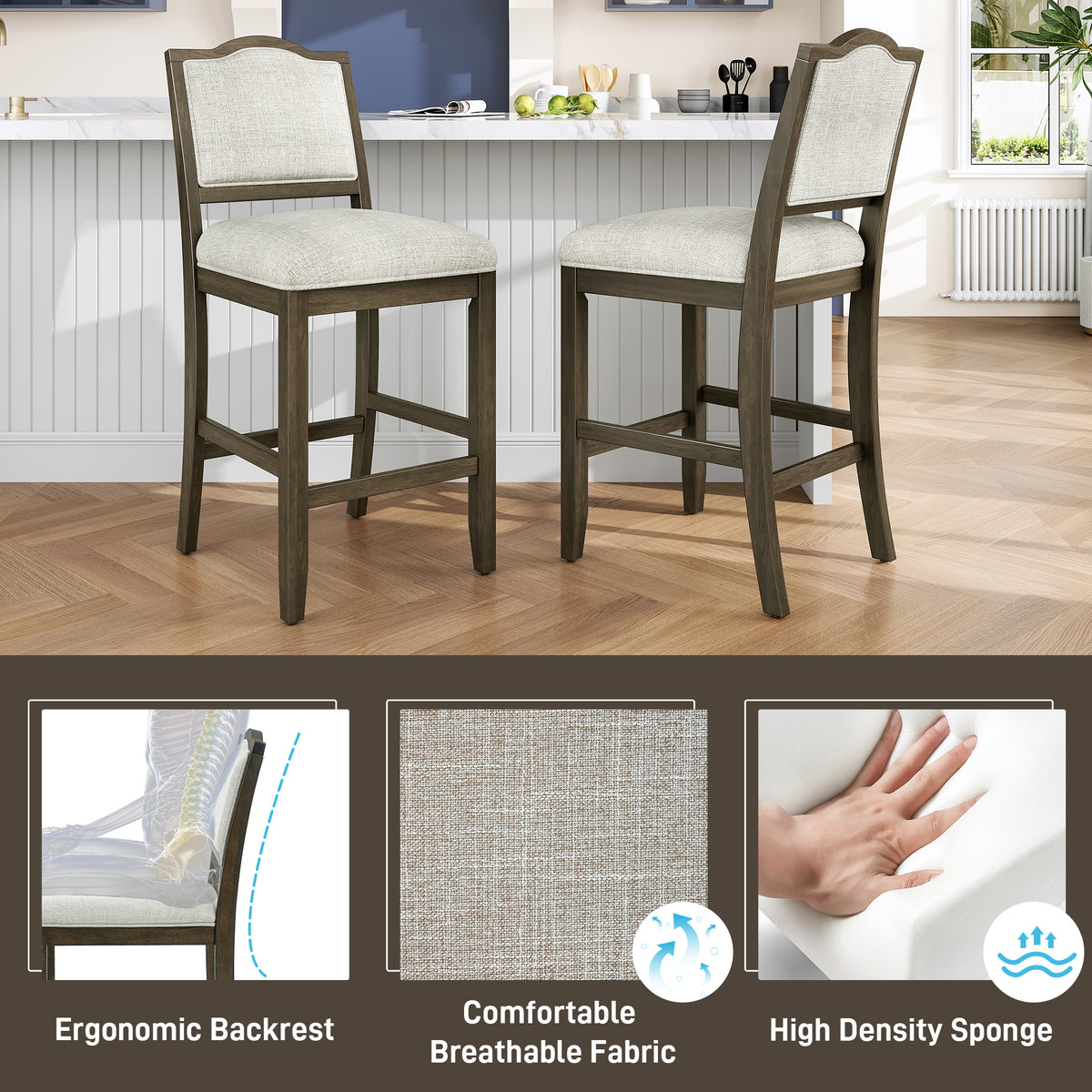 Set of 2 Rustic Wood Counter Stools – Brown