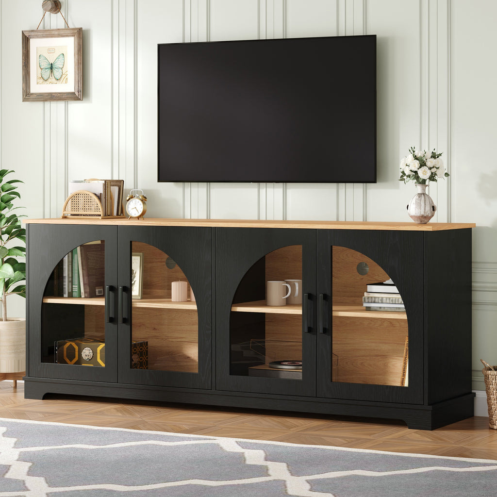 Farmhouse TV Stand with Arched Glass Doors – Black & Natural – Black