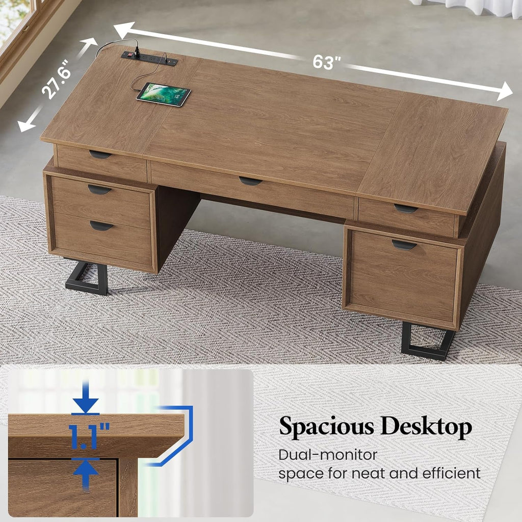 63 Inch Executive Desk With Integrated Charging Station-3