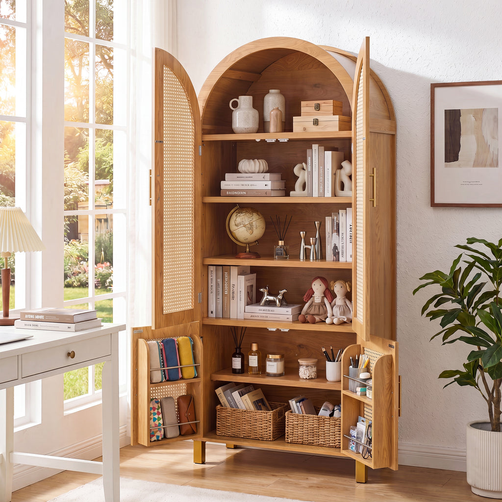 71" Oak Arched Rattan Storage Cabinet