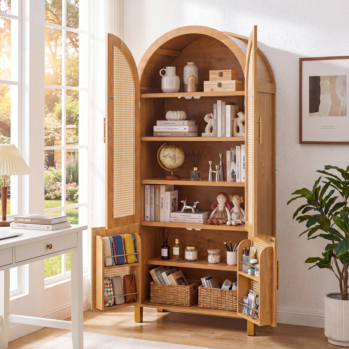 71" Oak Arched Rattan Storage Cabinet