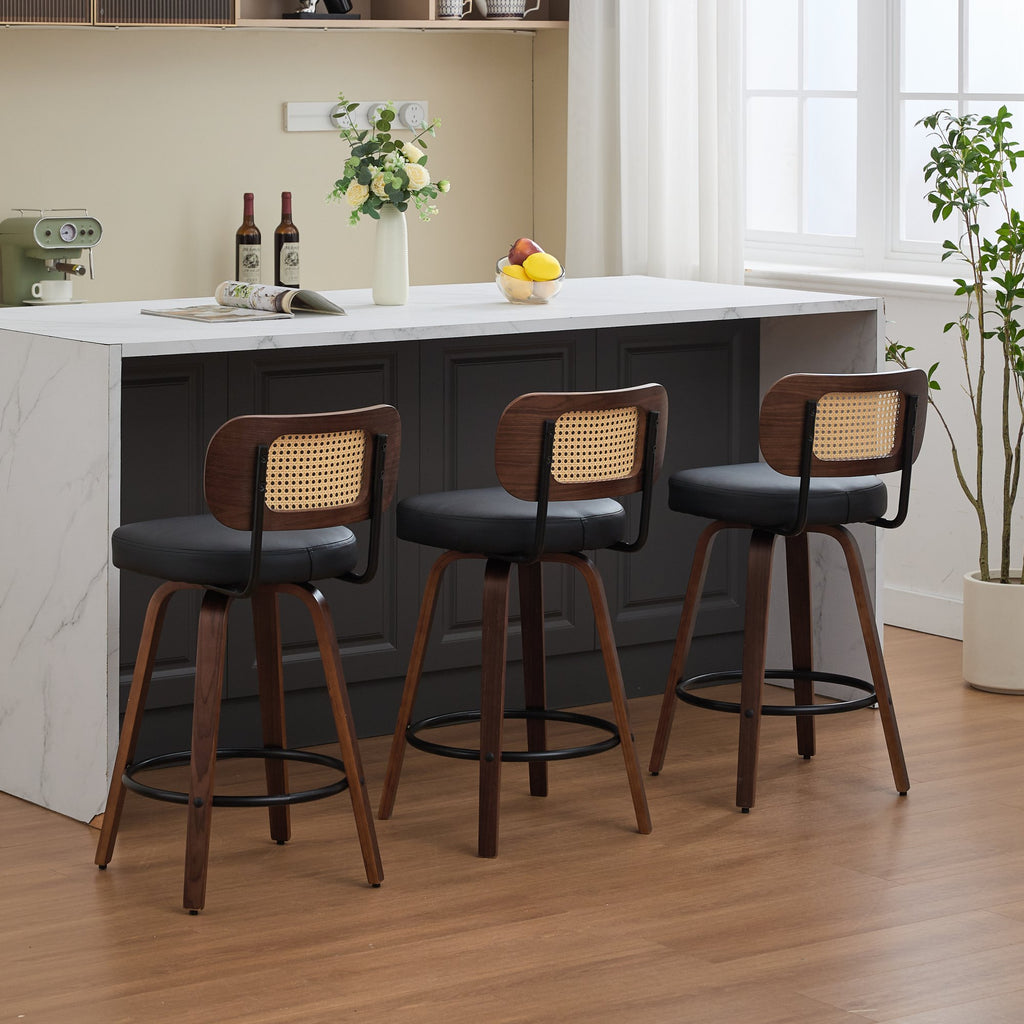 Set of 3 Rattan Swivel Counter Stools – Walnut & Black – Black