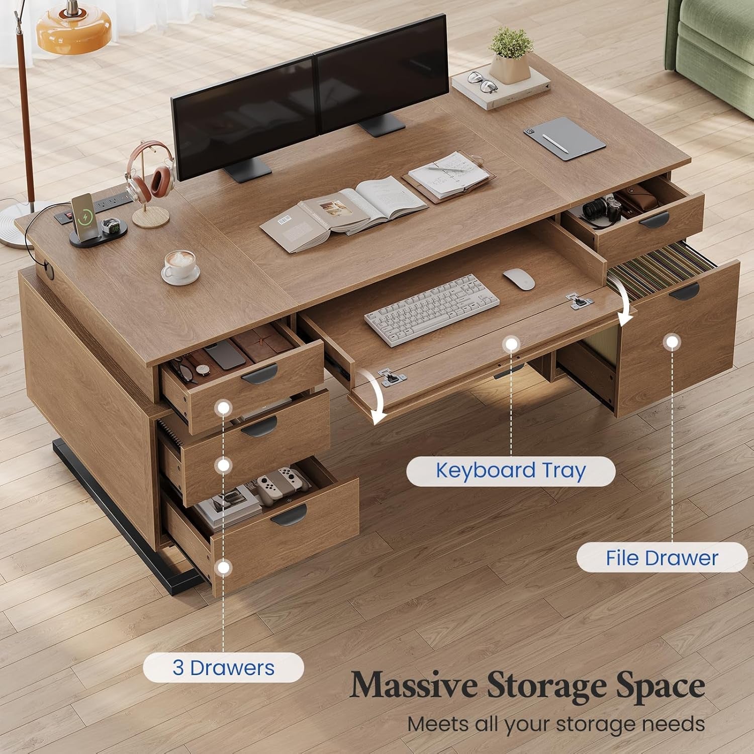 63 Inch Executive Desk With Integrated Charging Station-4