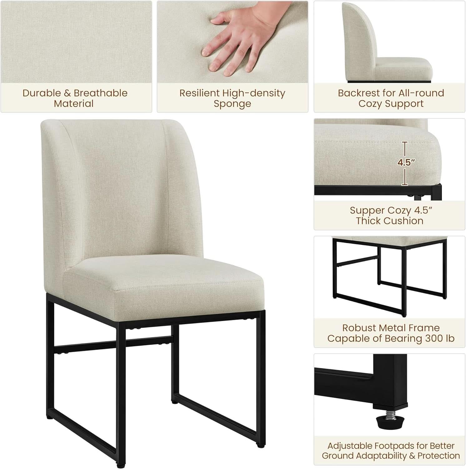Beige Upholstered Dining Chairs Mid Back With Metal Legs 2-3