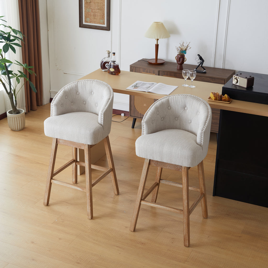 Set of 2 Upholstered Wood Swivel Counter Stools – Natural Beige – Natural Beige