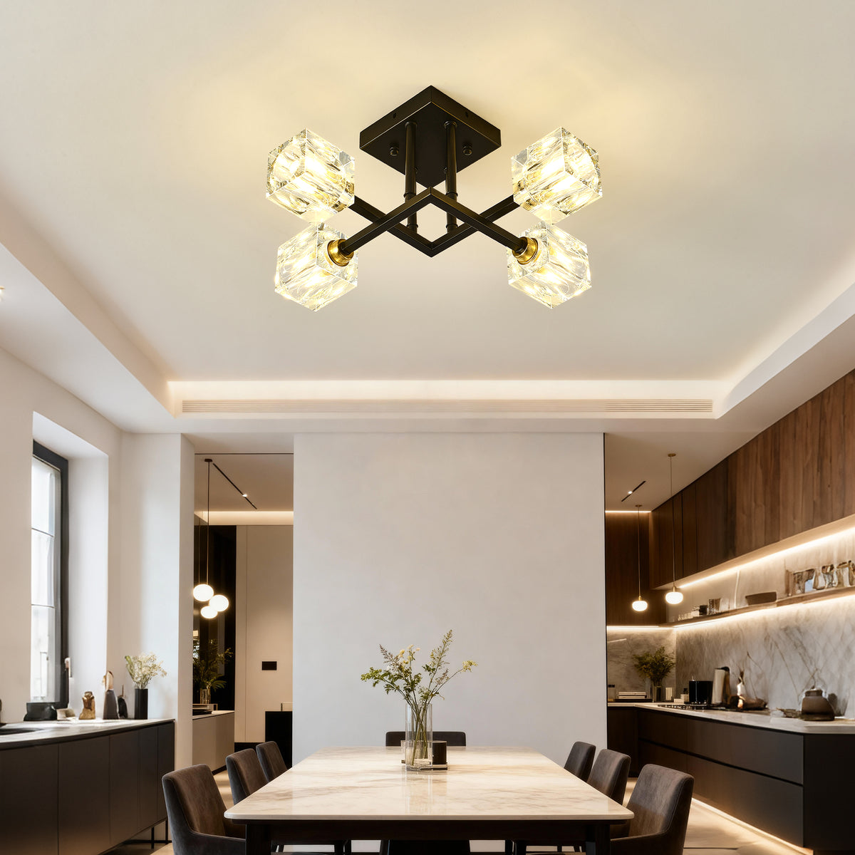 4-Light Crystal Flush Mount Ceiling Light – Matte Black