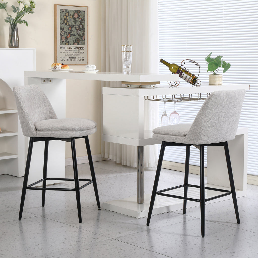 Set of 2 Swivel Linen Counter Stools – Off White