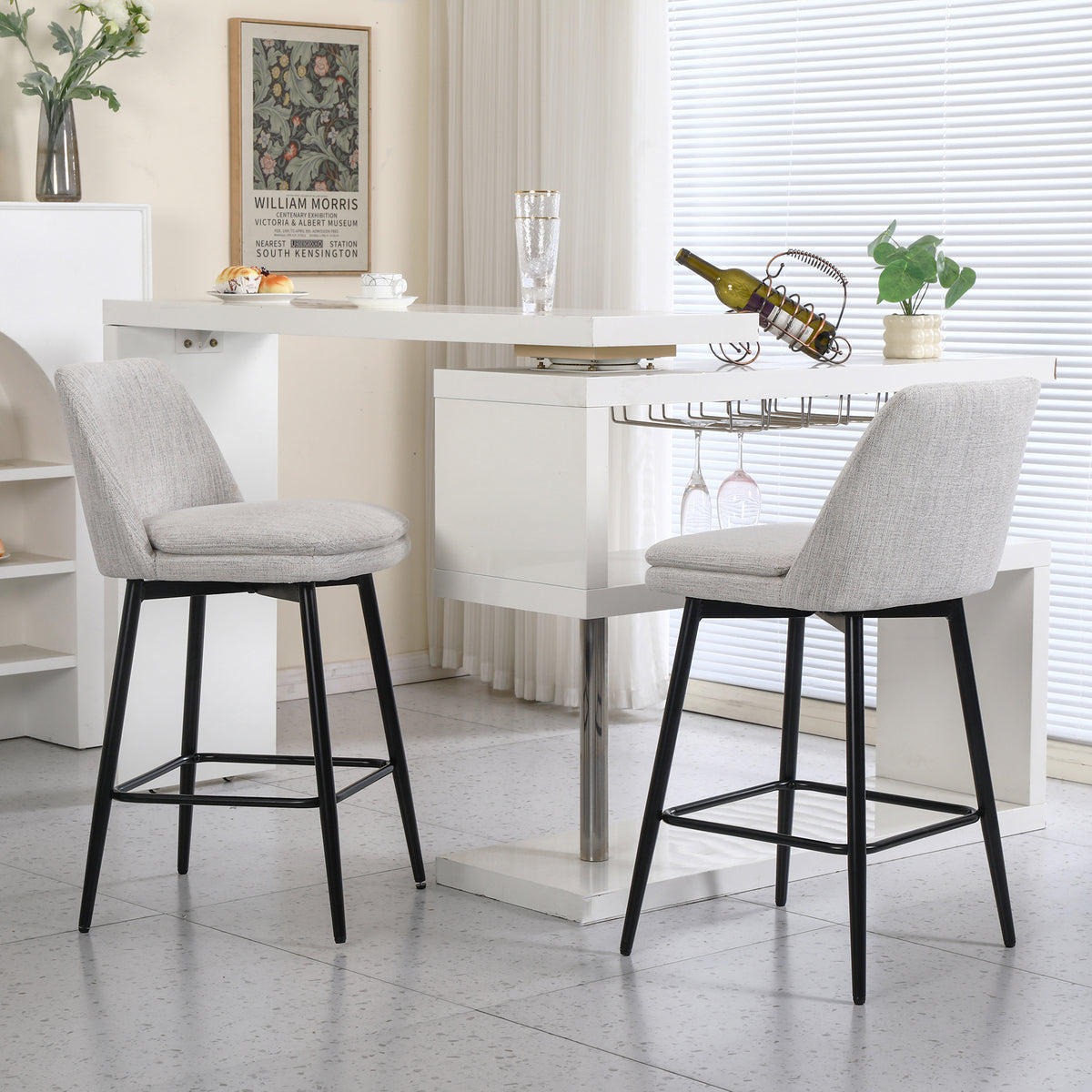 Set of 2 Swivel Linen Counter Stools – Off White