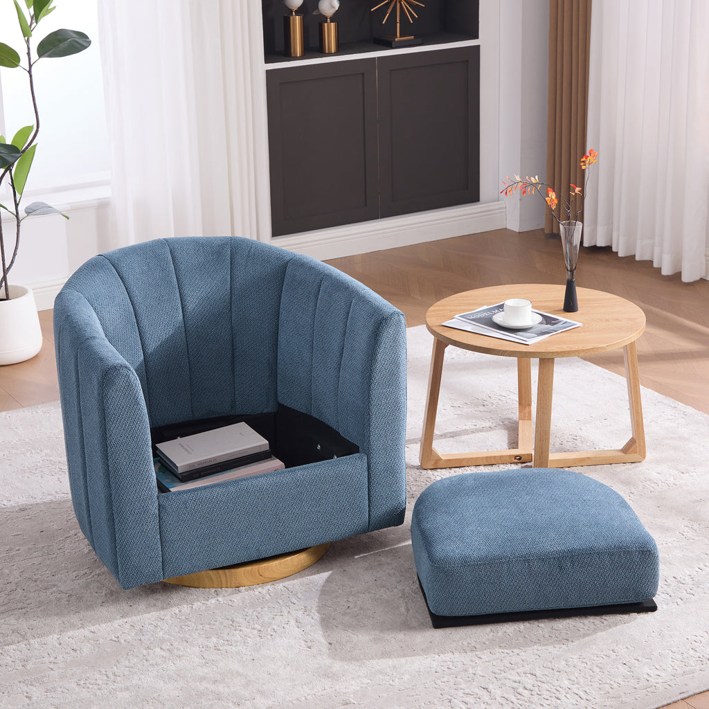 31" Blue Chenille Swivel Barrel Chair