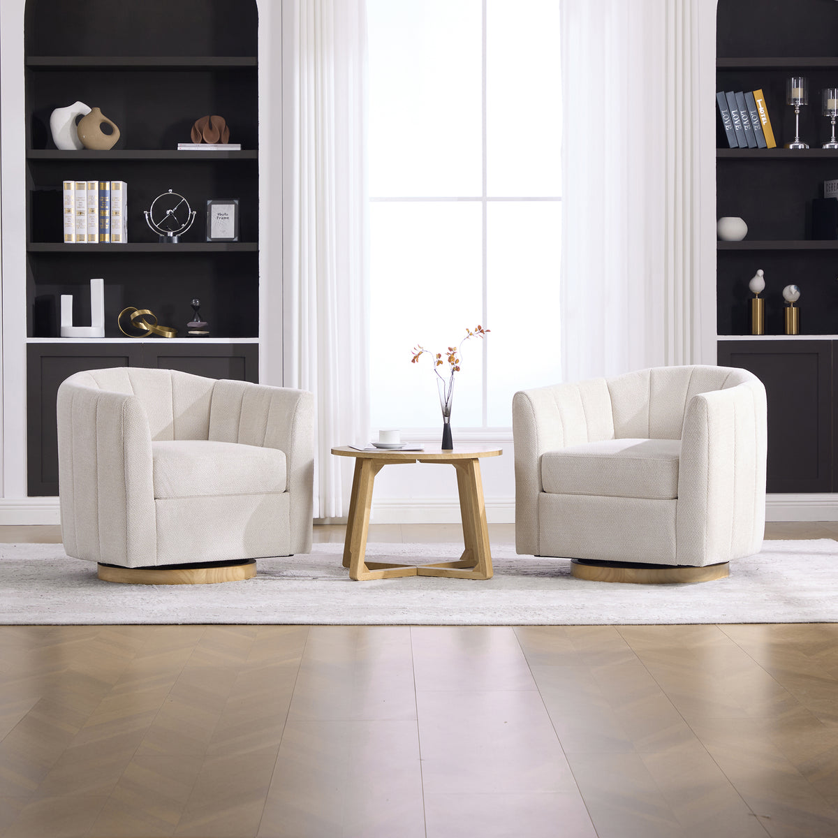 31" Beige Chenille Swivel Barrel Chair