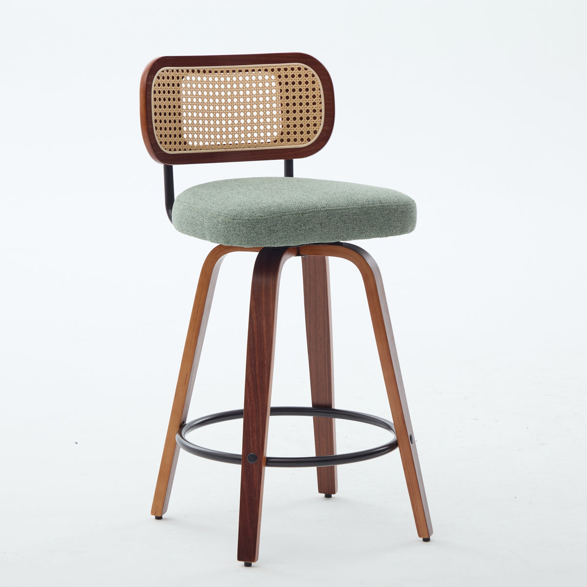 Set of 3 Rattan Swivel Counter Stools – Walnut, Black & Green