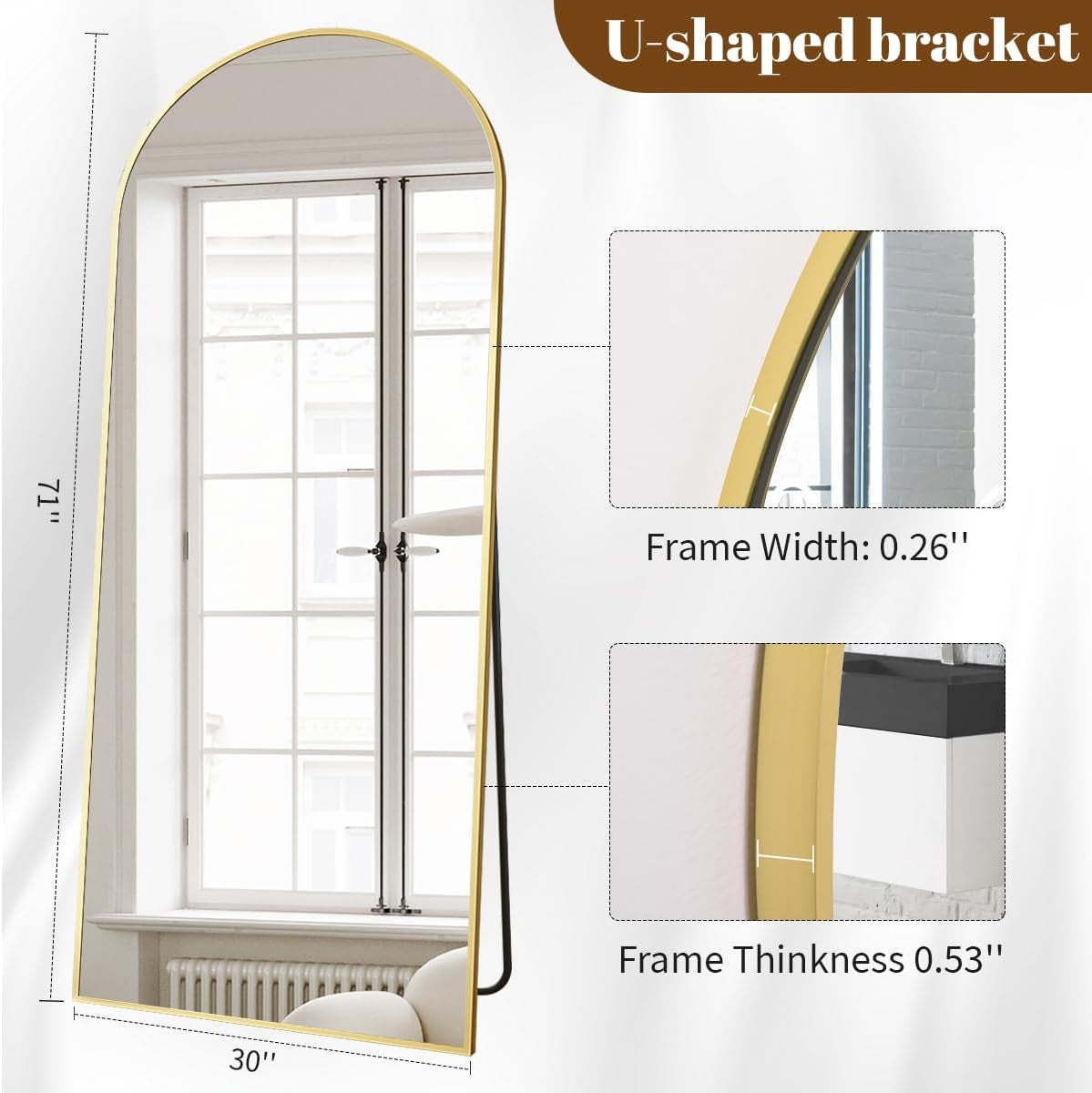 Gold Arched Floorstanding Mirror 30x71 Aluminum Frame-3