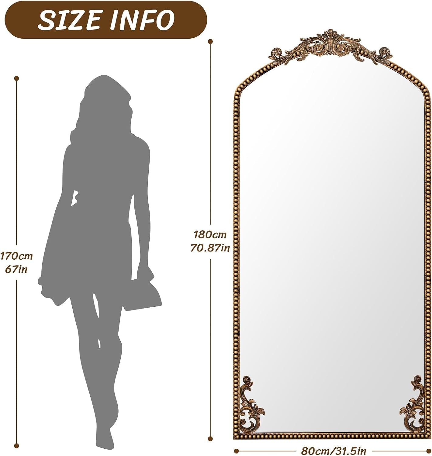 Gold Arched Floor Length Mirror Antiqued Bronze 71x32-4