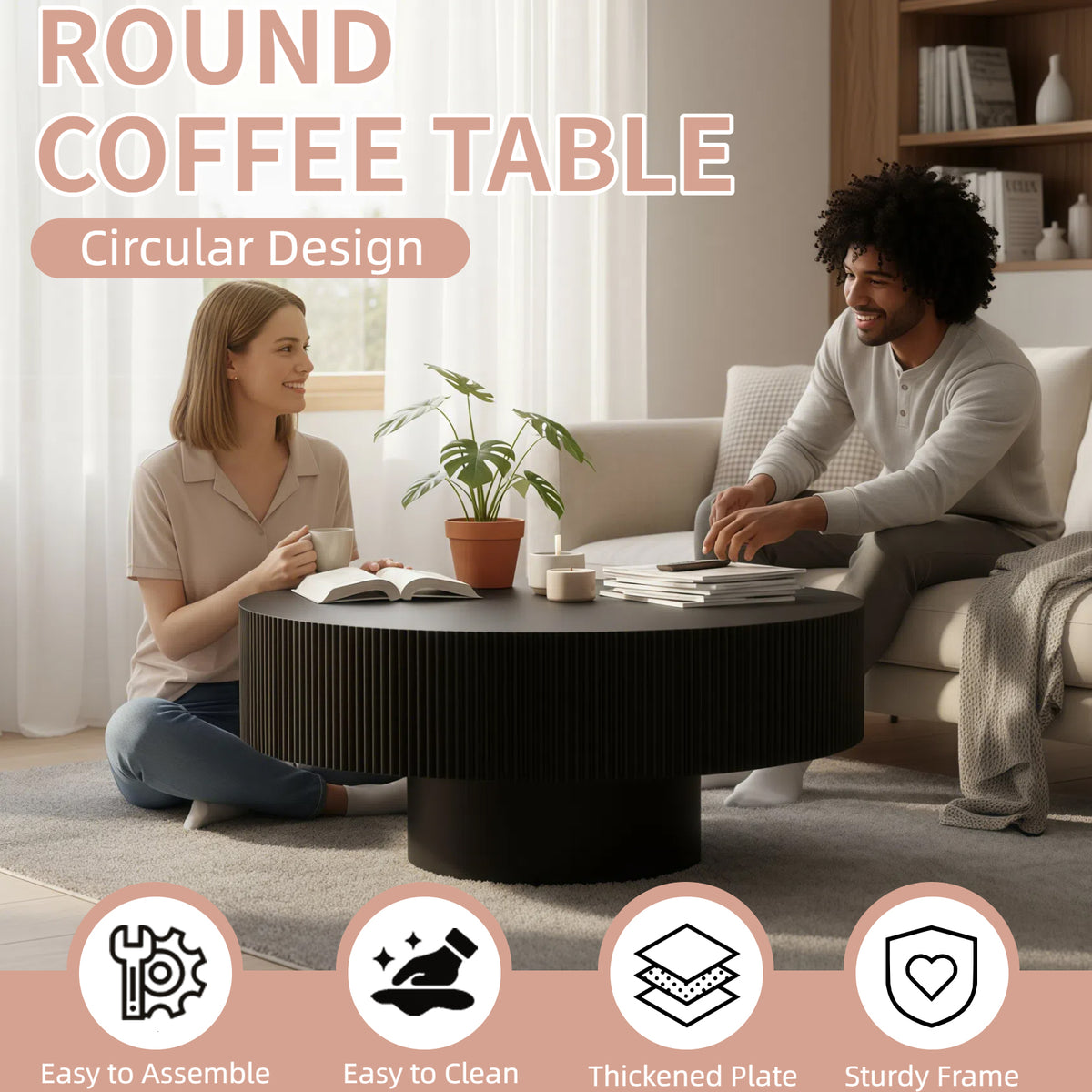 Round Fluted Pedestal Coffee Table – Black
