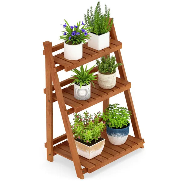 Foldable Acacia Wood 3-Tier Ladder Plant Stand