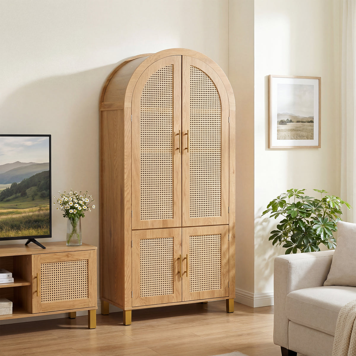 71" Oak Arched Rattan Storage Cabinet
