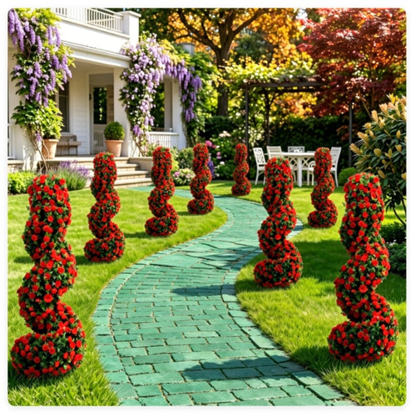 Set of 2 Artificial Spiral Flower Topiaries – Red