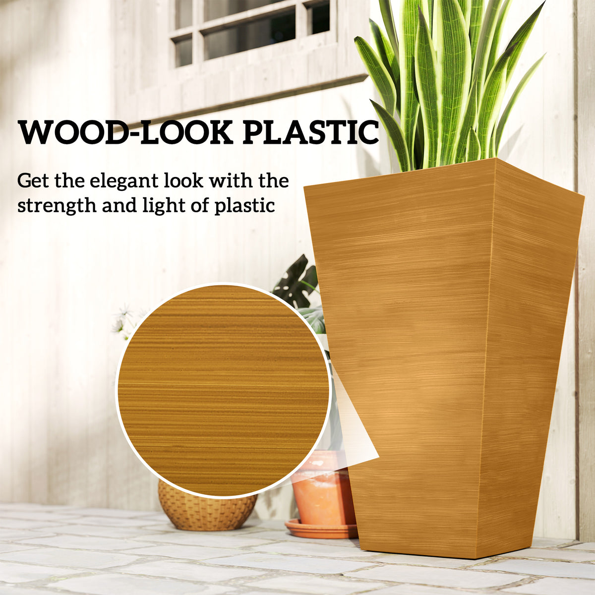 Set of 3 Tall Faux-Wood Planters – Light Brown, 28″