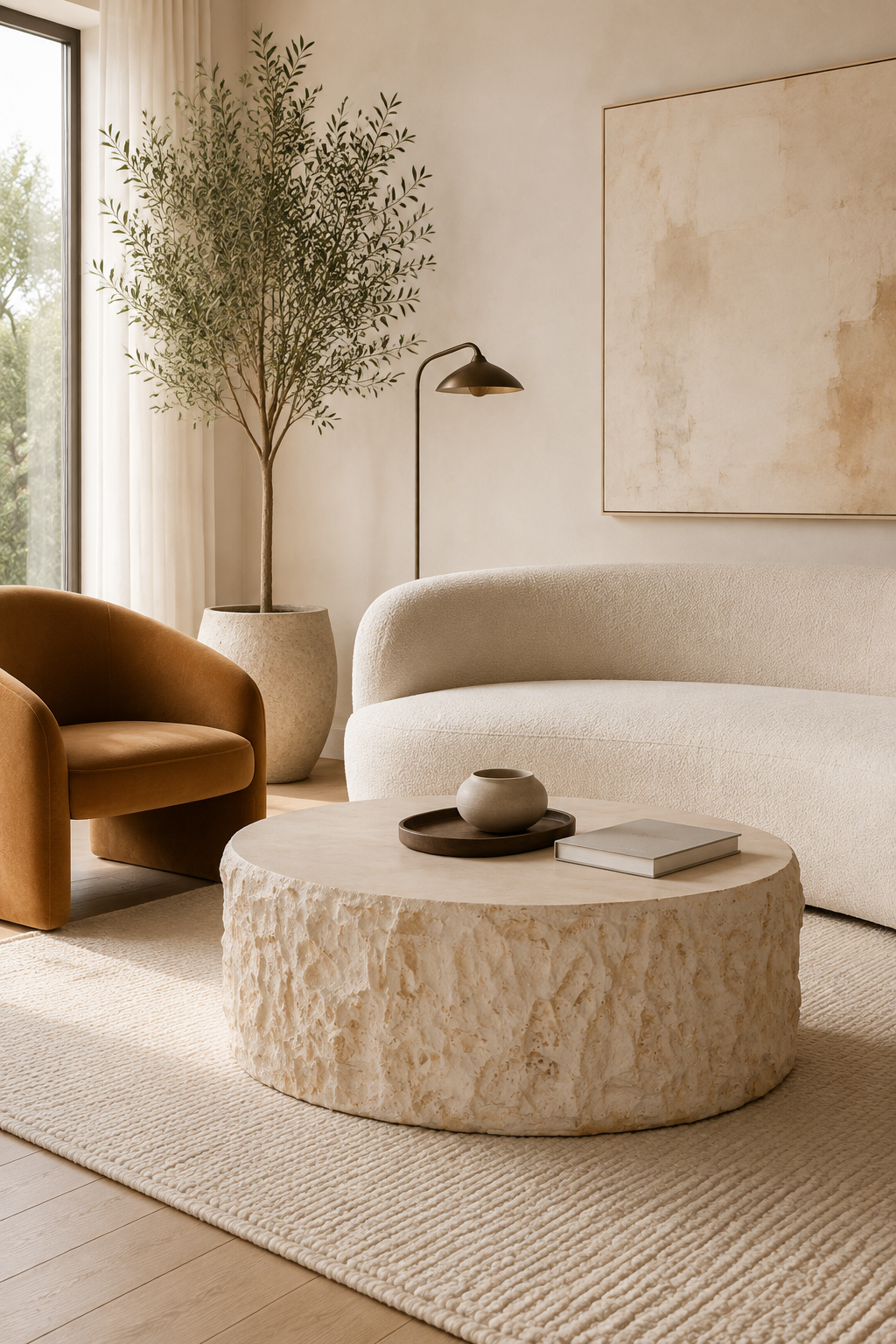 Sculpted Beige Drum Coffee Table