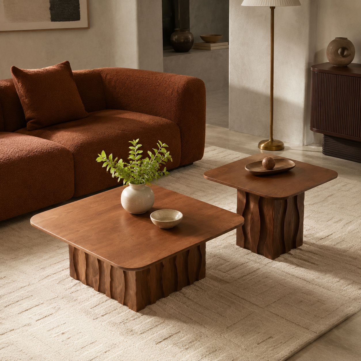 Cove Sculptural Walnut Coffee Table Set