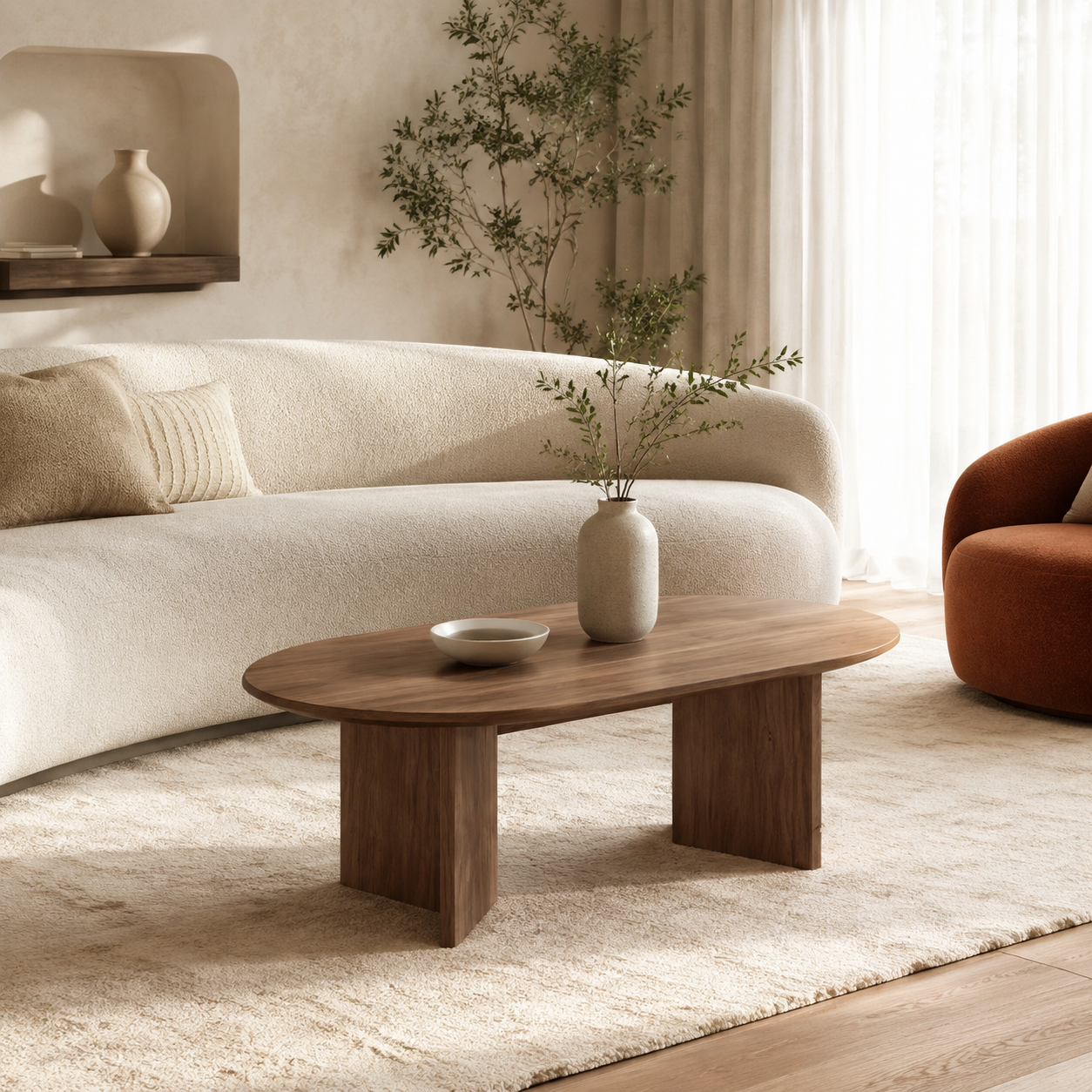 Walnut Oval Pedestal Coffee Table