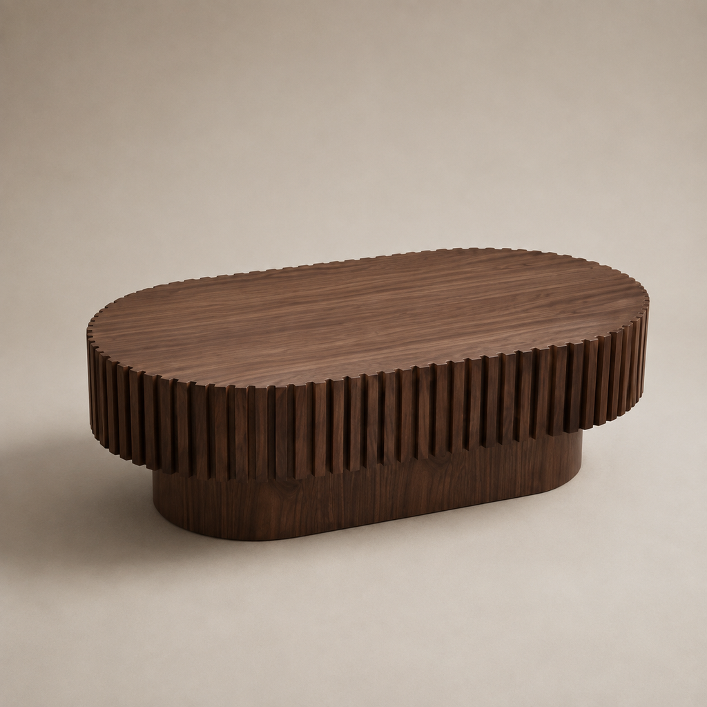 Walnut Oval Fluted Drum Coffee Table