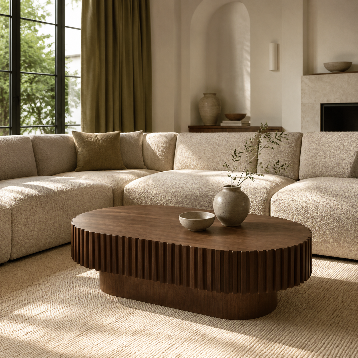 Walnut Oval Fluted Drum Coffee Table