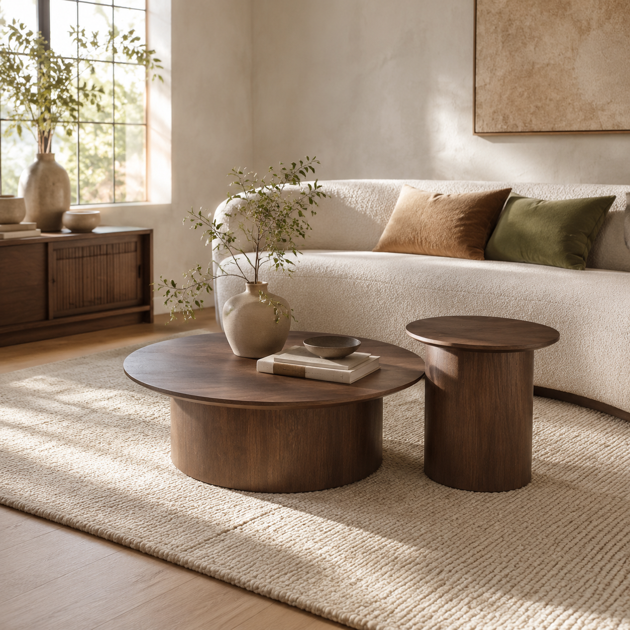 Round Walnut Nesting Coffee Table Set