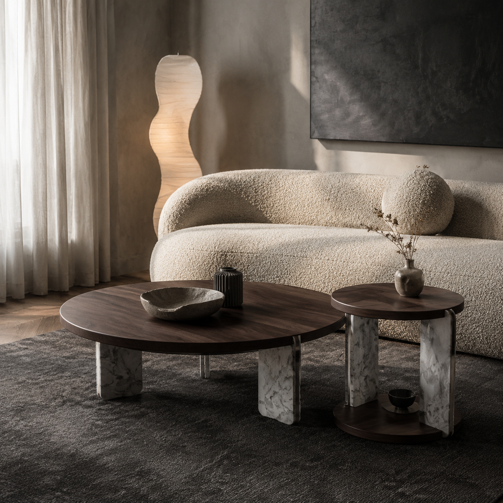 Lorenza Walnut Coffee and Side Table Set