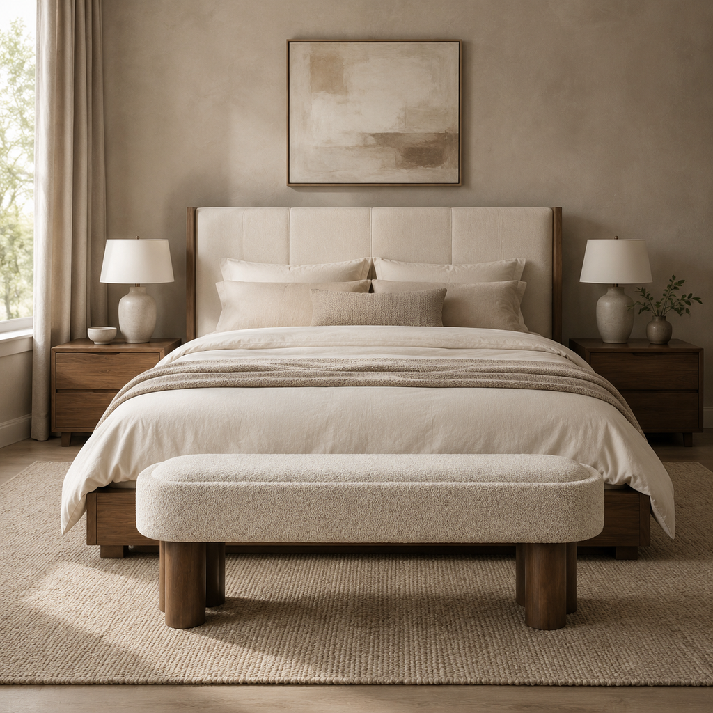 Ivory Bouclé Japandi Bench