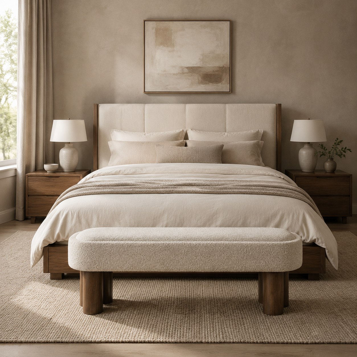 Ivory Bouclé Japandi Bench