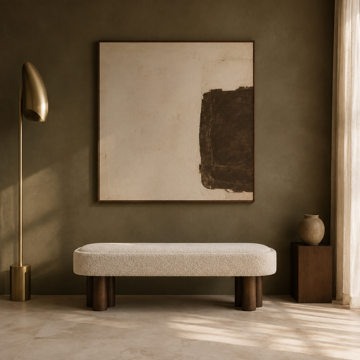 Ivory Bouclé Japandi Bench