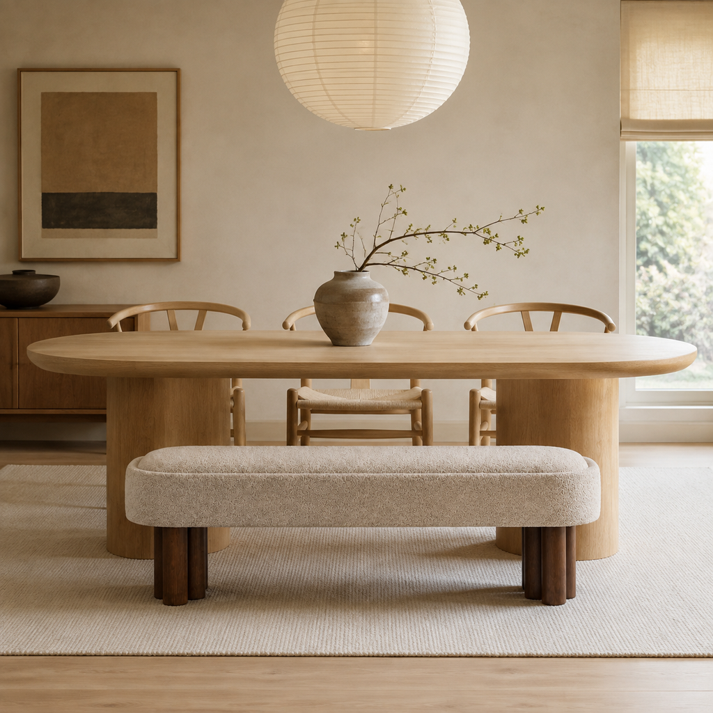Ivory Bouclé Japandi Bench