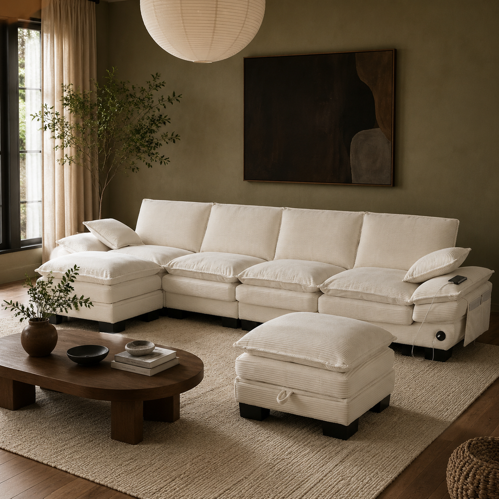 Ivory Cloud Modular Sectional with Storage Ottoman