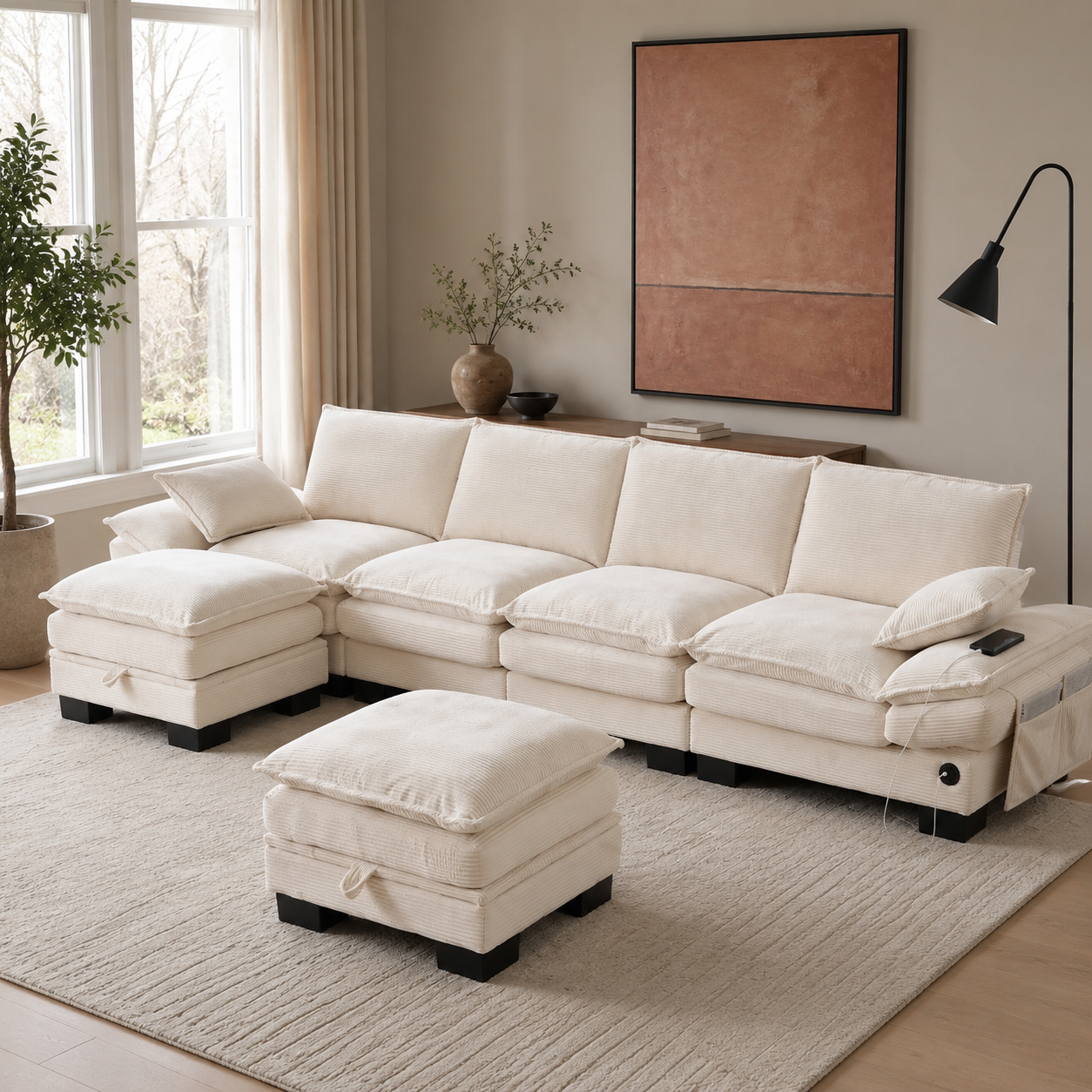 Ivory Cloud Modular Sectional with Storage Ottoman