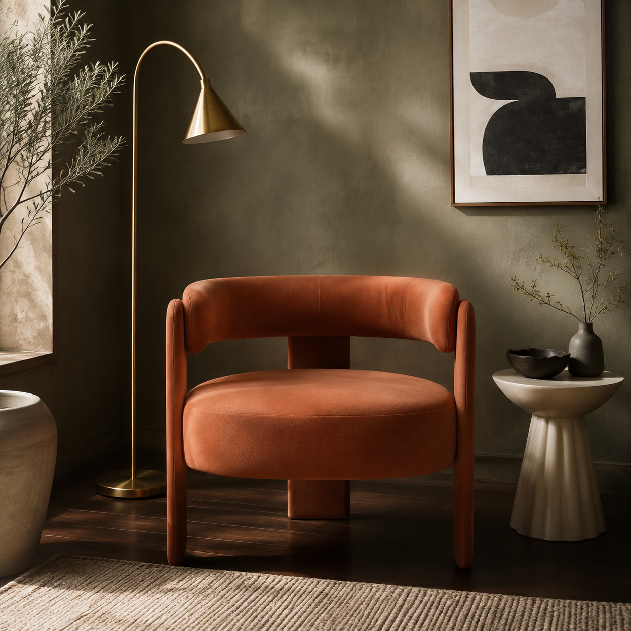 Orange Velvet Upholstered Accent Chair