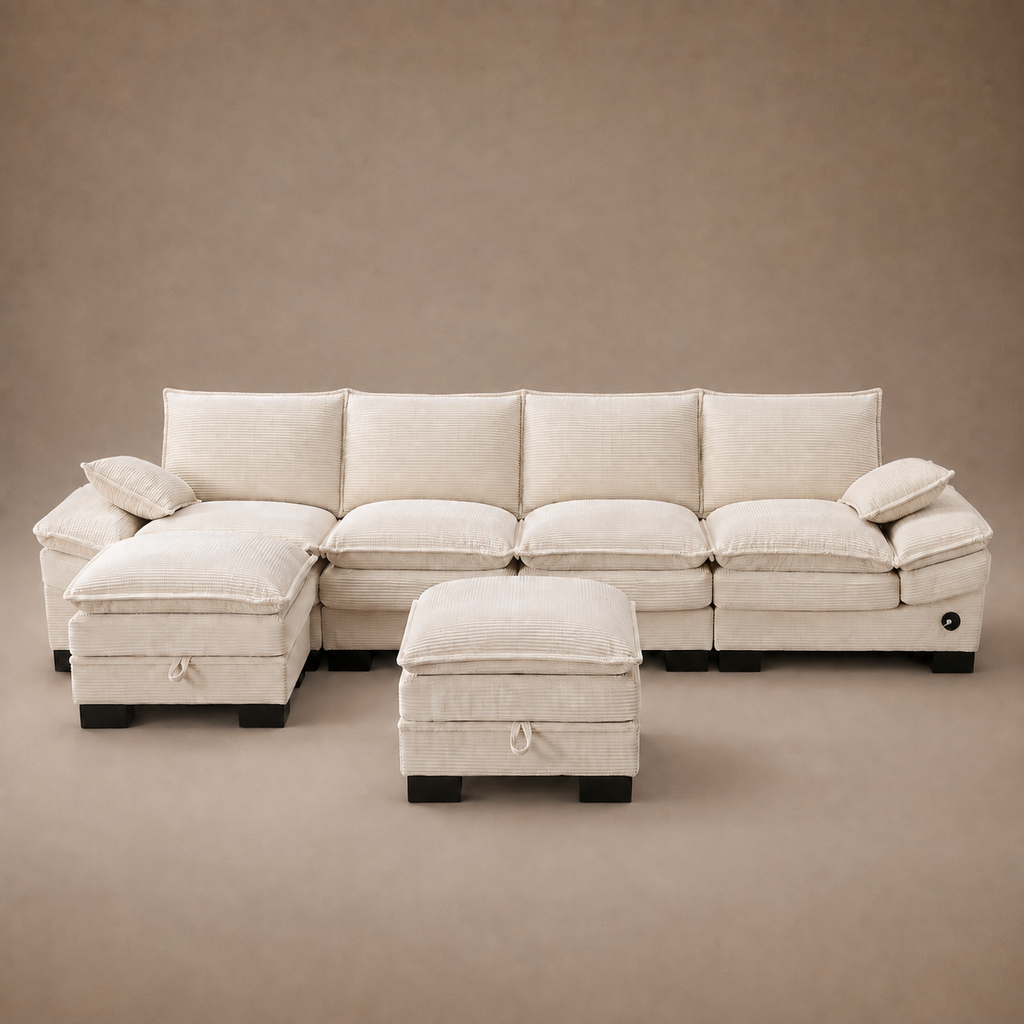 Ivory Cloud Modular Sectional with Storage Ottoman