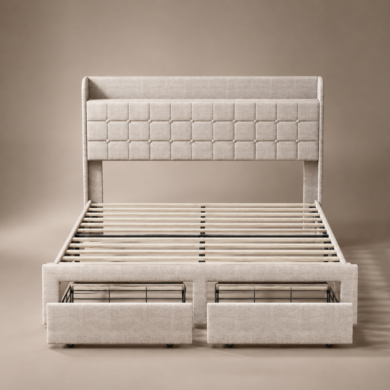 Tufted Storage Platform Bed with Shelves