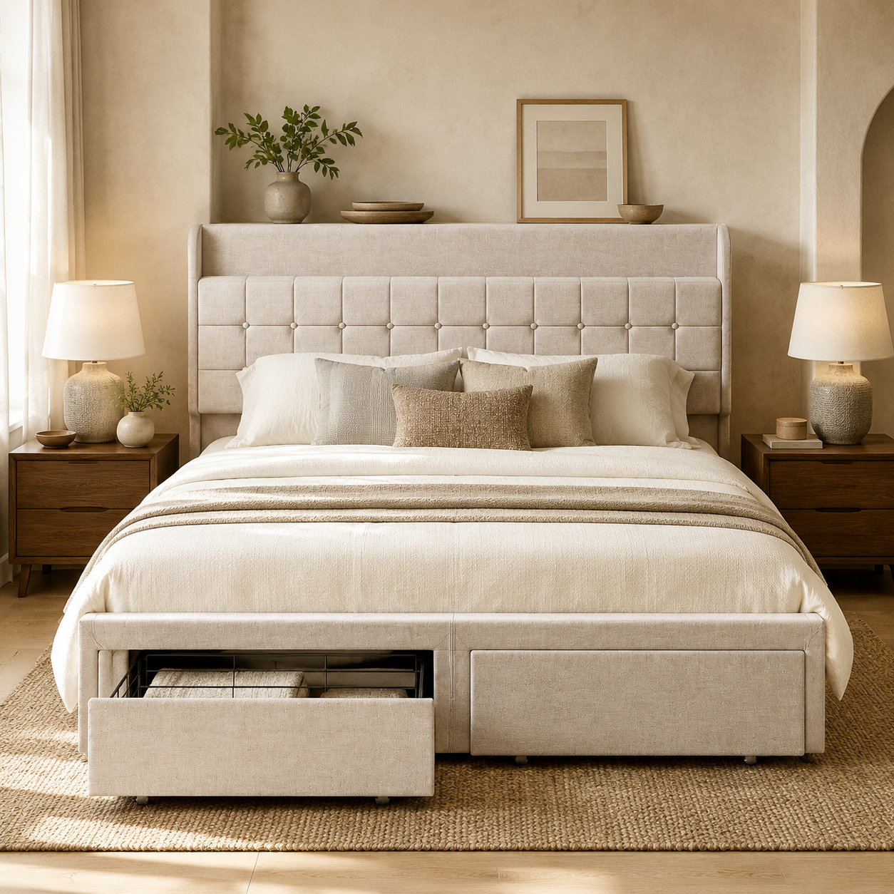 Tufted Storage Platform Bed with Shelves