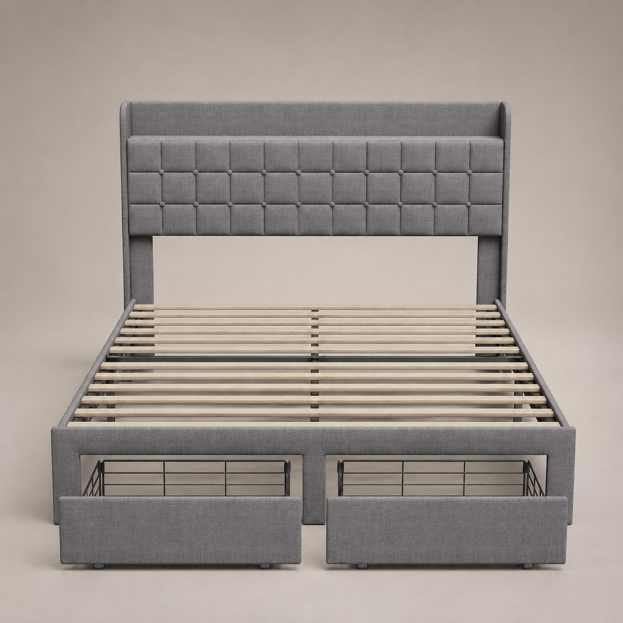 Tufted Storage Platform Bed with Shelves