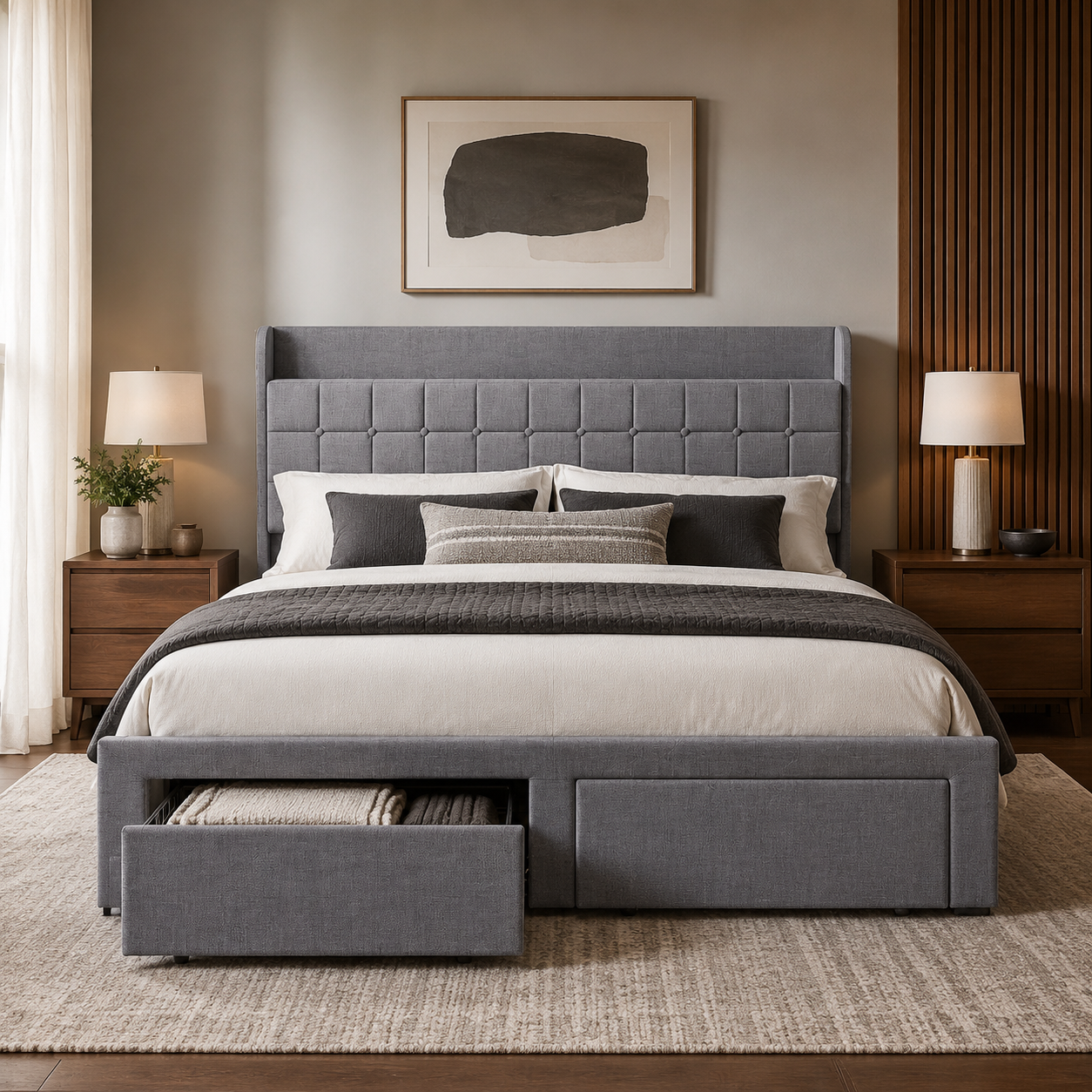 Tufted Storage Platform Bed with Shelves