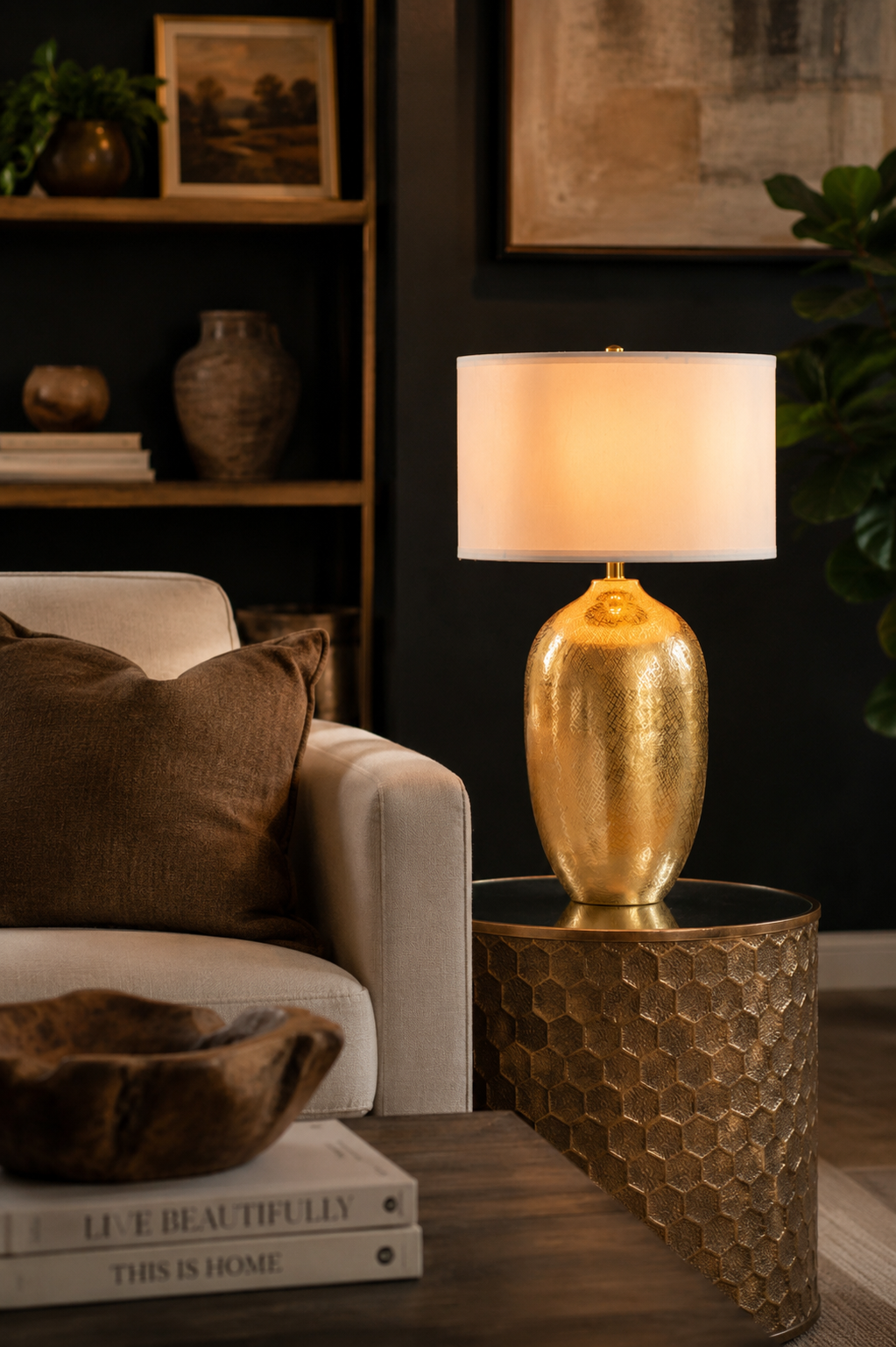 31” Gold Aluminum Table Lamp with White Fabric Shade