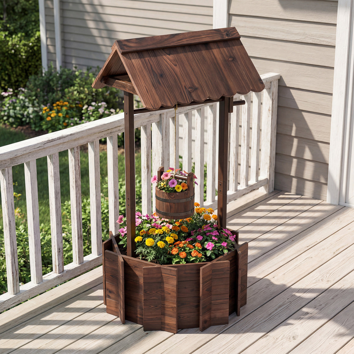 Rustic Wood Wishing Well Planter